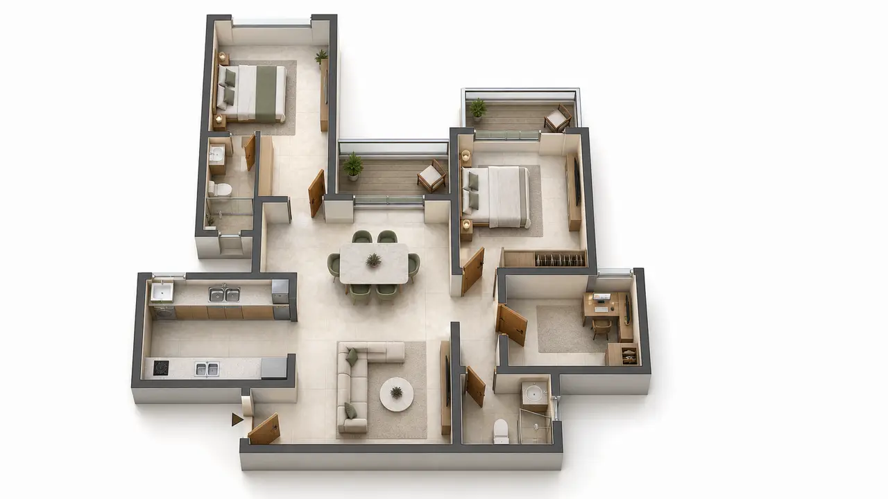 Three-dimensional interpretation of the publisher-provided builder two-bedroom plus study sample layout