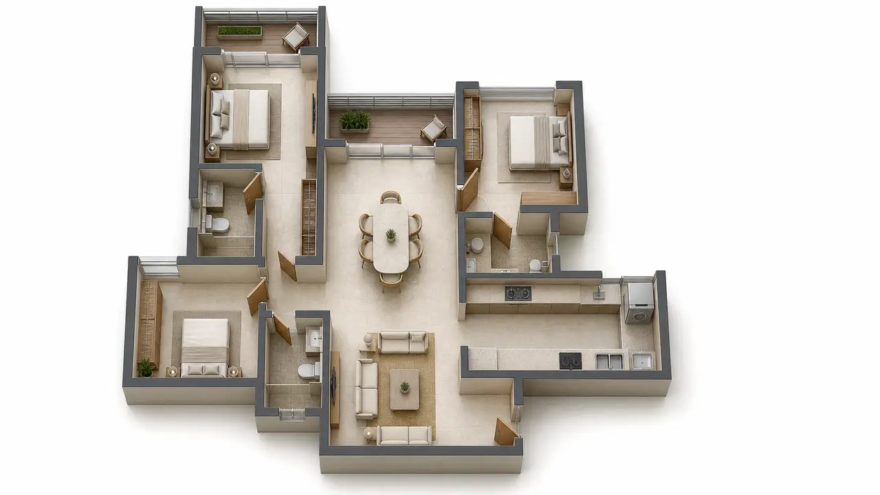Three-dimensional interpretation of the publisher-provided builder three-bedroom sample layout