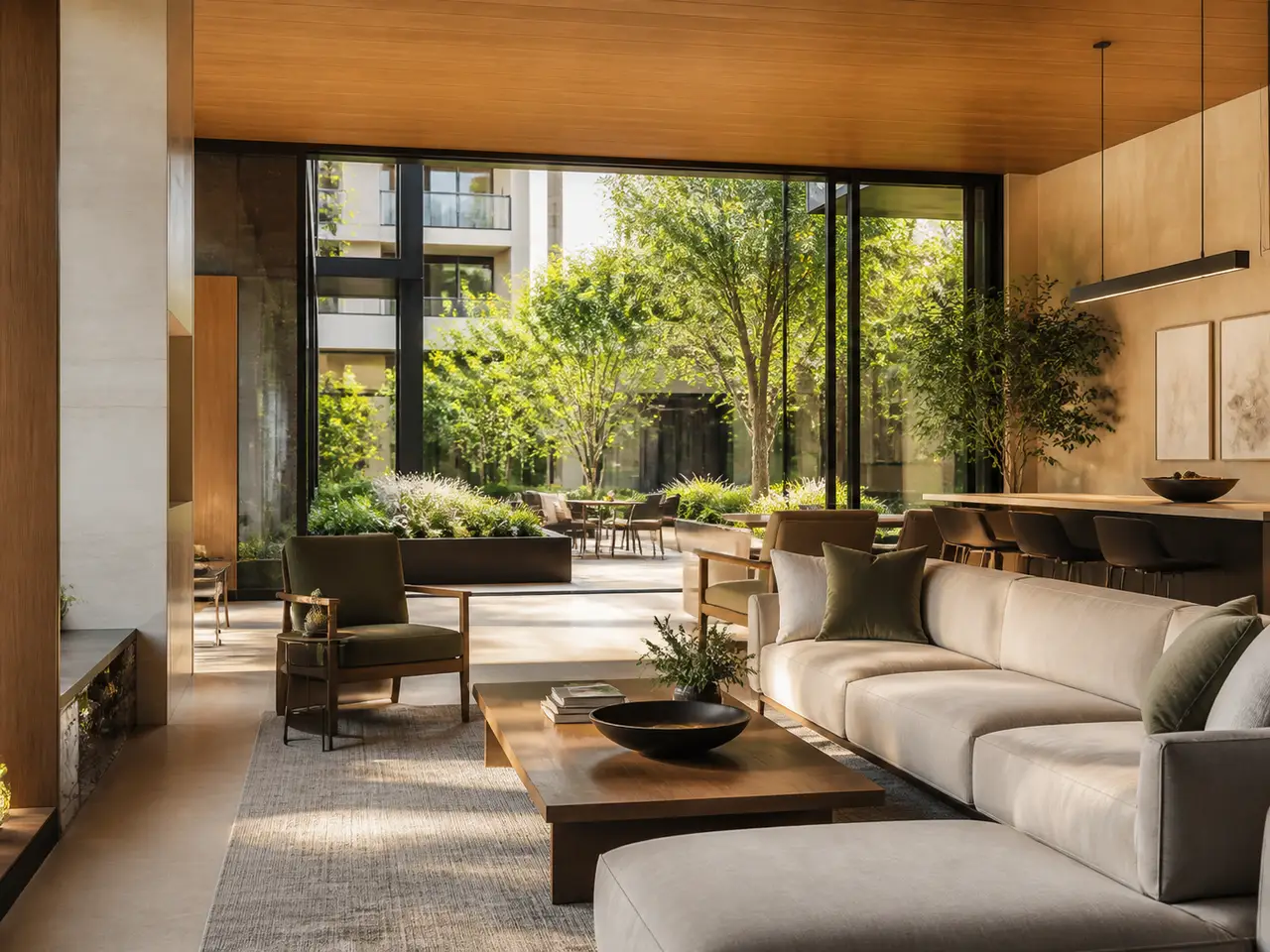 Contemporary shared lounge opening to a landscaped garden court