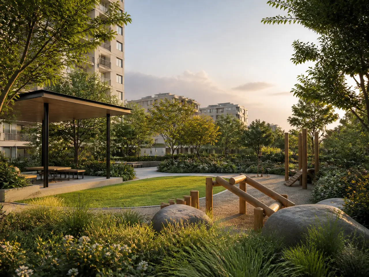 Landscaped family play meadow with timber play forms and shaded seating