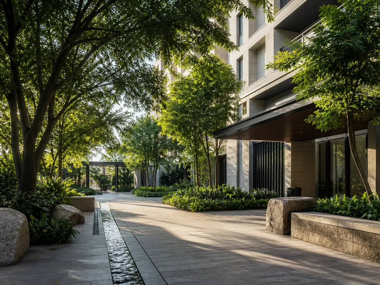 Tree-lined contemporary residential arrival court with a water rill