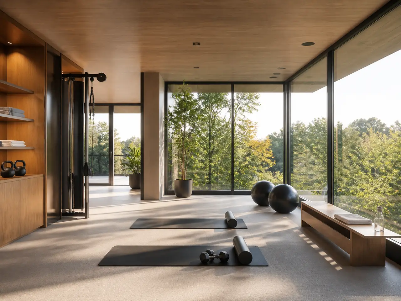 Contemporary wellness studio overlooking a mature tree canopy