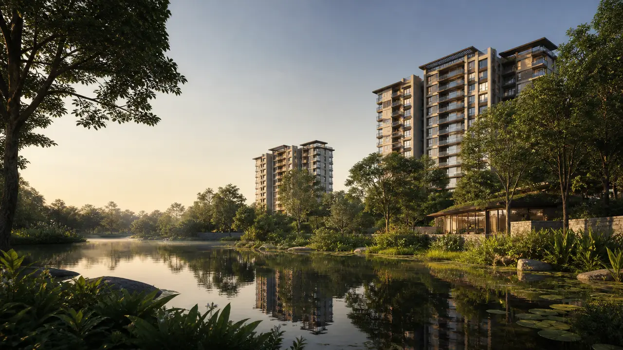 Contemporary apartment buildings beyond a planted waterside landscape
