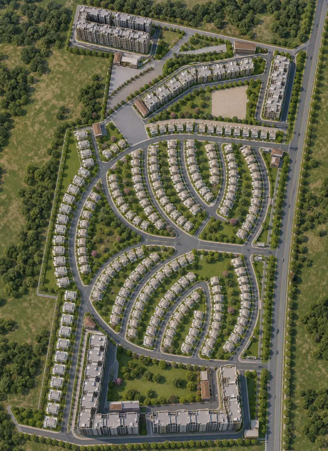 Three-dimensional wider-site plan with palm-frond rows of low-rise homes and peripheral apartment precincts